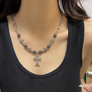 Titanium Steel Zircon Cross Stitching Bead Necklace